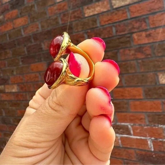 Red Agate 18K Gold Stainless Steel Waterproof Gold Natural Stone Ring - Picture 3 of 6